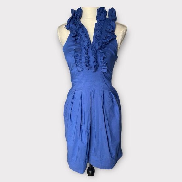 BCBGMaxAzria Women's Size 4 Blue Halter Ruffled Mini Length Dress - Picture 1 of 7